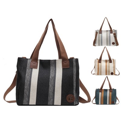 Striped Canvas Tote Bag W/ Large Capacity