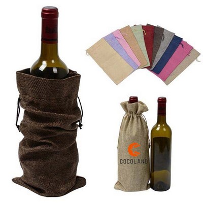 Wine Bottle Burlap Drawstring Bag