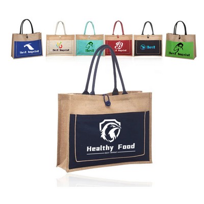Cotton Stylish Shopping Pocket Jute Tote Bag W/ Gusset (17" X 13" X 5")