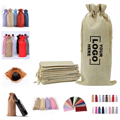 Single Bottle Burlap Wine Bag with Drawstring - Natural Jute Gift Sack