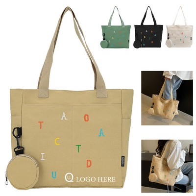 Letter-Embroidered Canvas Tote Bag