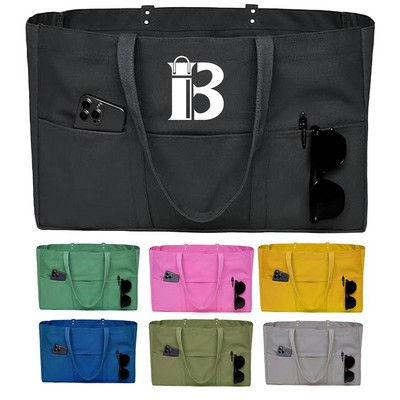 Large Capacity Canvas Tote Bag w/ Pocket for Work Travel