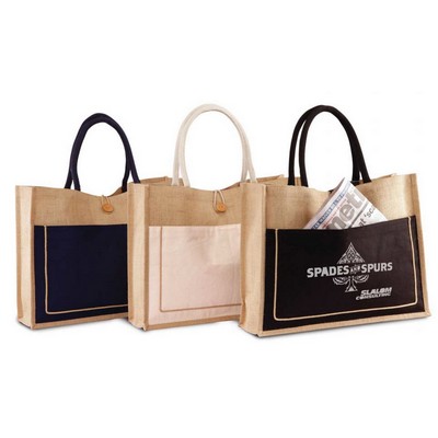 Colored Two-Tone Jute Burlap Shopping Tote with Cotton Pocket & Handles