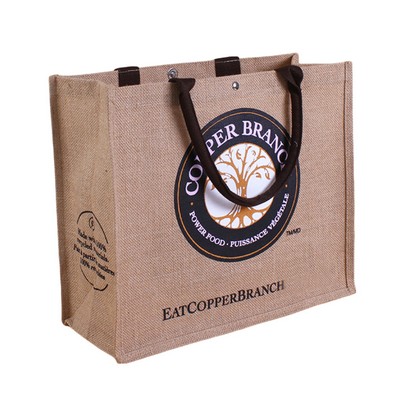 Reusable Burlap Jute Tote Bag W/Metal Snap Closure