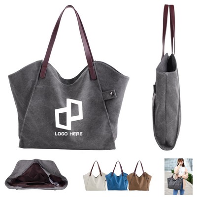 Multi-Pocket Canvas Zipper Tote Handbag W/ Leather Handle