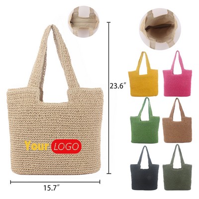 Handwoven Paper Rope Beach Tote Bag with Polyester Lining