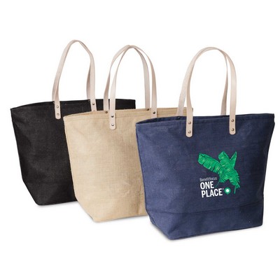 Reusable Large Jute Burlap Tote Bag with Leather Handles & Zippered closure -Colored Bags