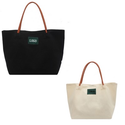 Women Canvas Tote Bag With Leather Handle