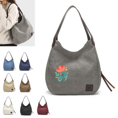 Casual Canvas Tote Bag with Multi Pockets